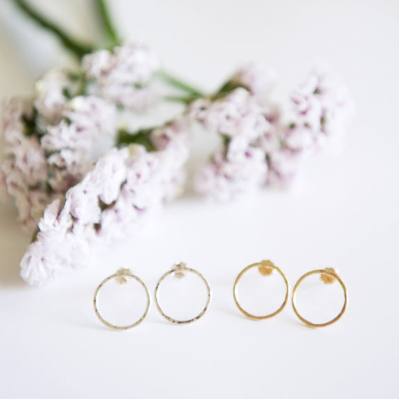 Hammered open circle stud earrings in sterling silver or 14k gold filled by Blossom and Shine