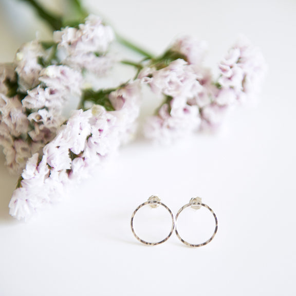 Hammered open circle stud earrings in sterling silver or 14k gold filled by Blossom and Shine