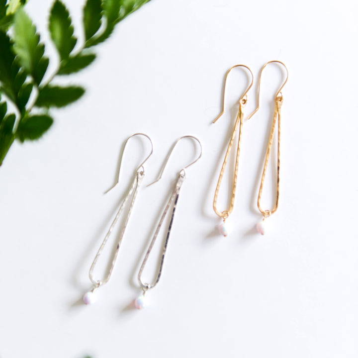 Opal bead dainty raindrop earrings in sterling silver or 14k gold filled by Blossom and Shine