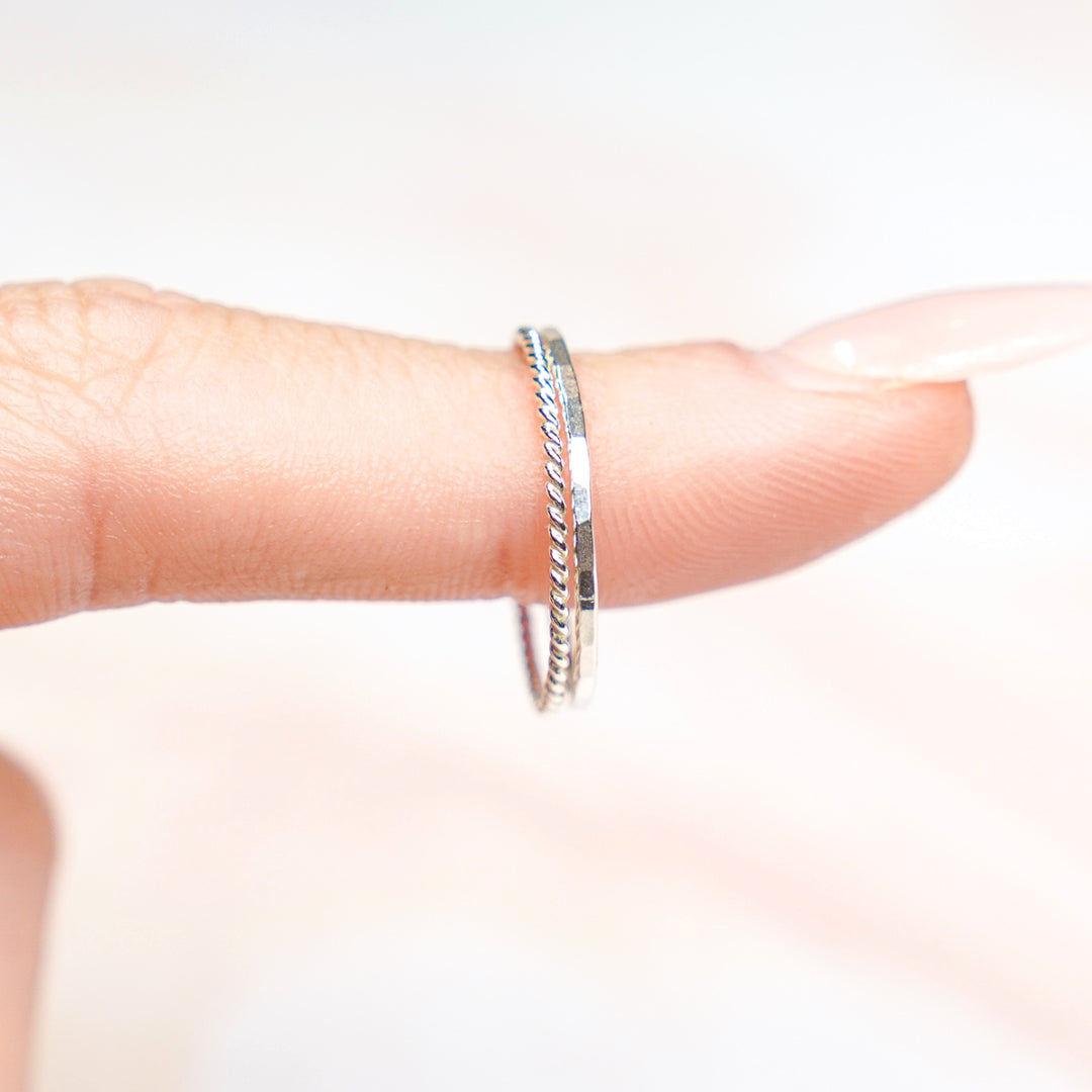 Stacking ring set hammered and twisted rings in sterling silver or 14k gold filled