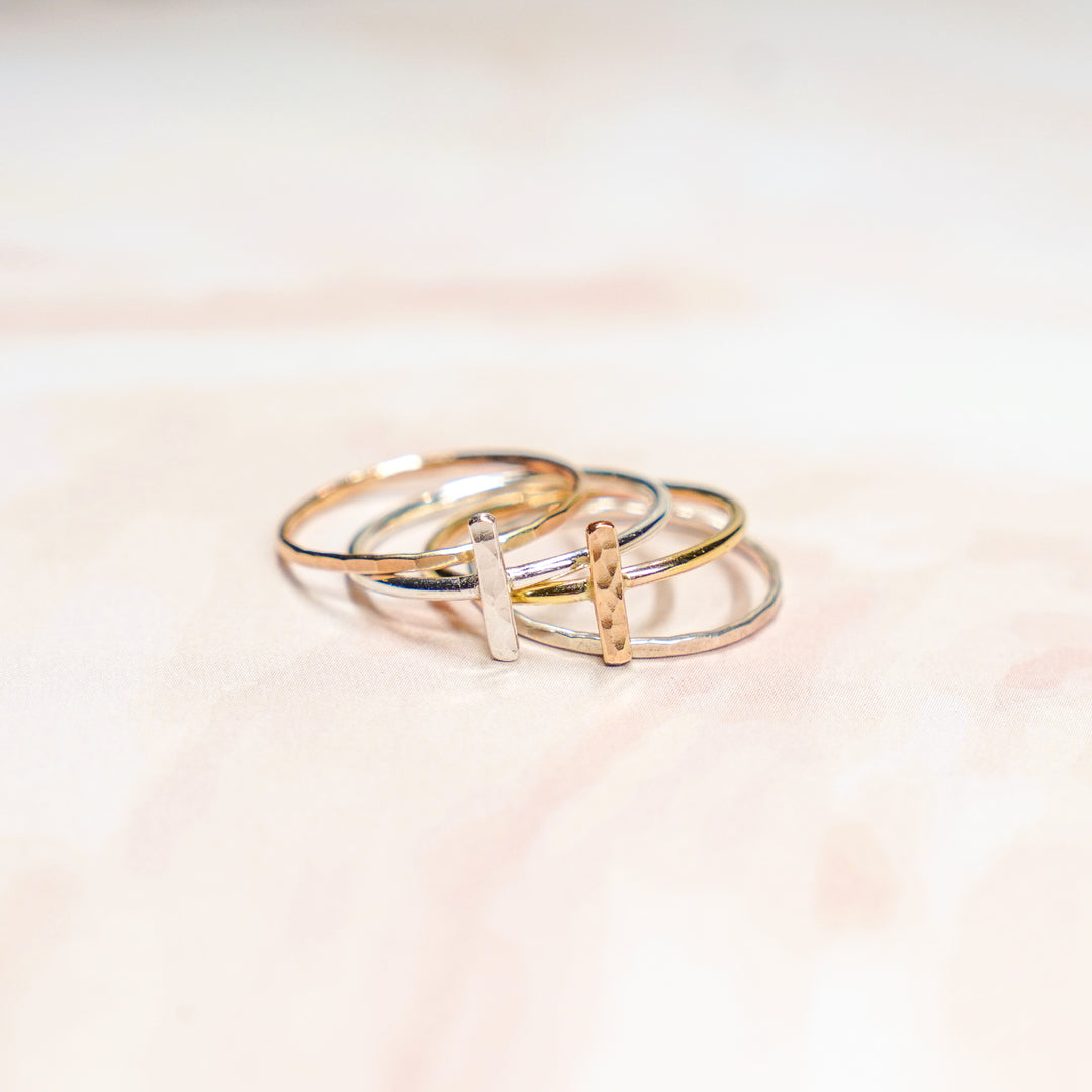 Mixed metal hammered bar stacking ring set in sterling silver and 14k gold filled