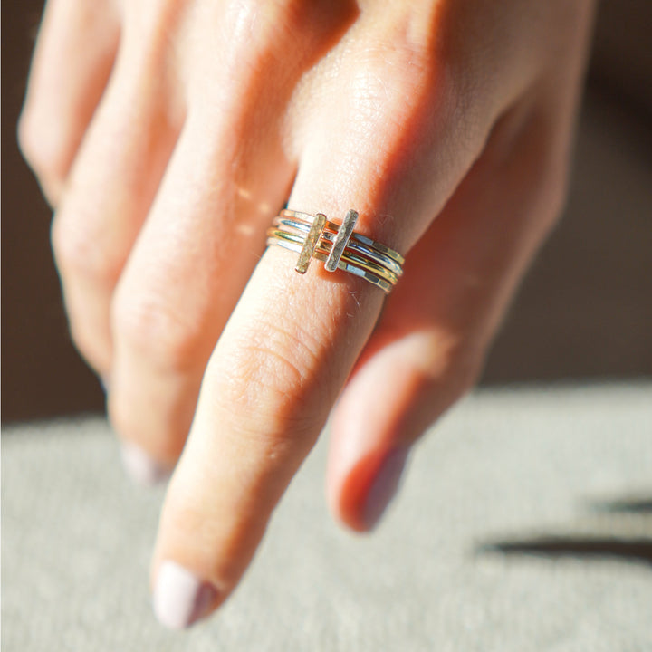 Mixed metal hammered bar stacking ring set in sterling silver and 14k gold filled