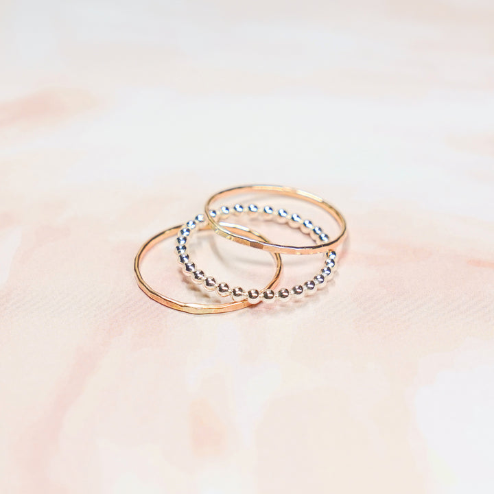 Stacking ring set hammered gold filled rings and beaded silver ring