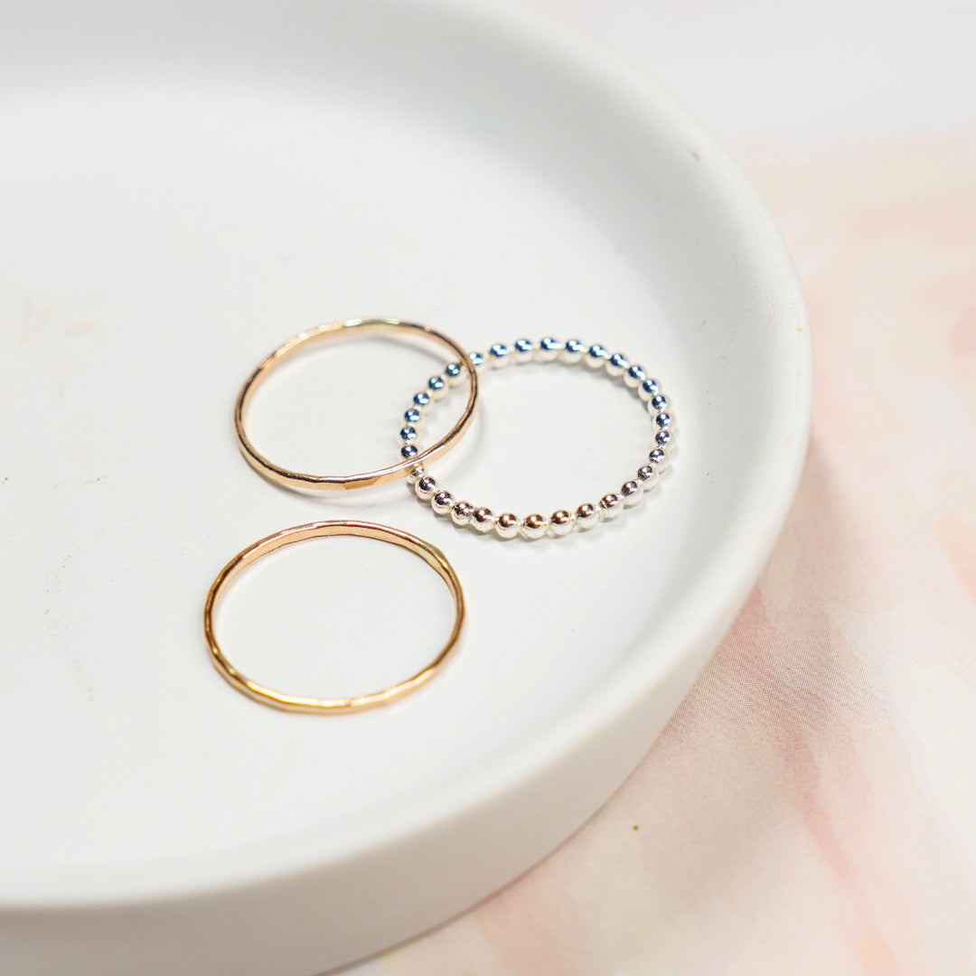 Stacking ring set hammered gold filled rings and beaded silver ring