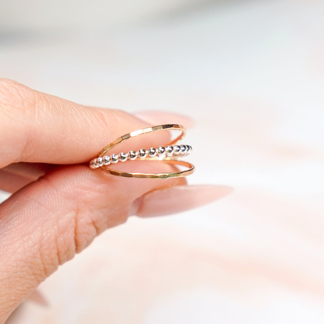 Stacking ring set hammered gold filled rings and beaded silver ring