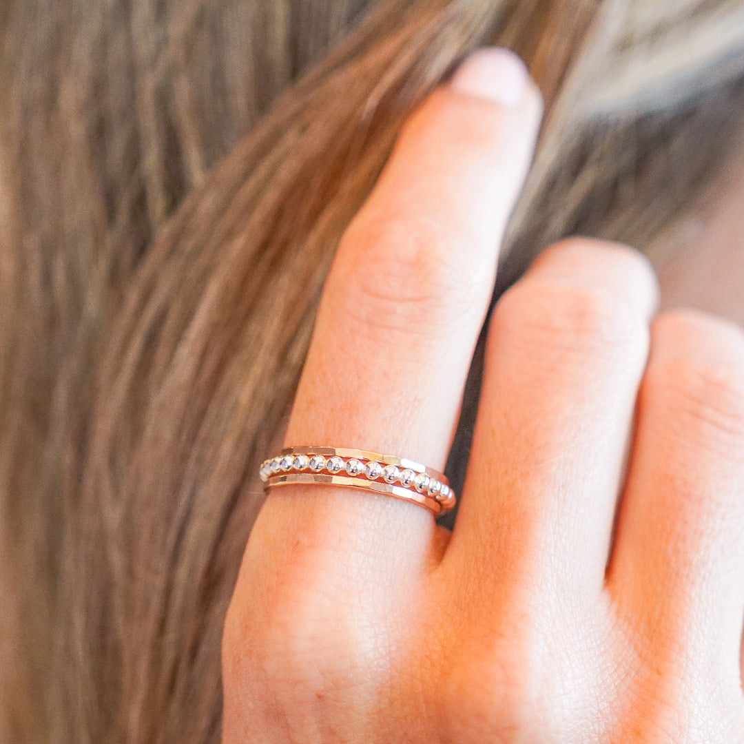 Stacking ring set hammered gold filled rings and beaded silver ring