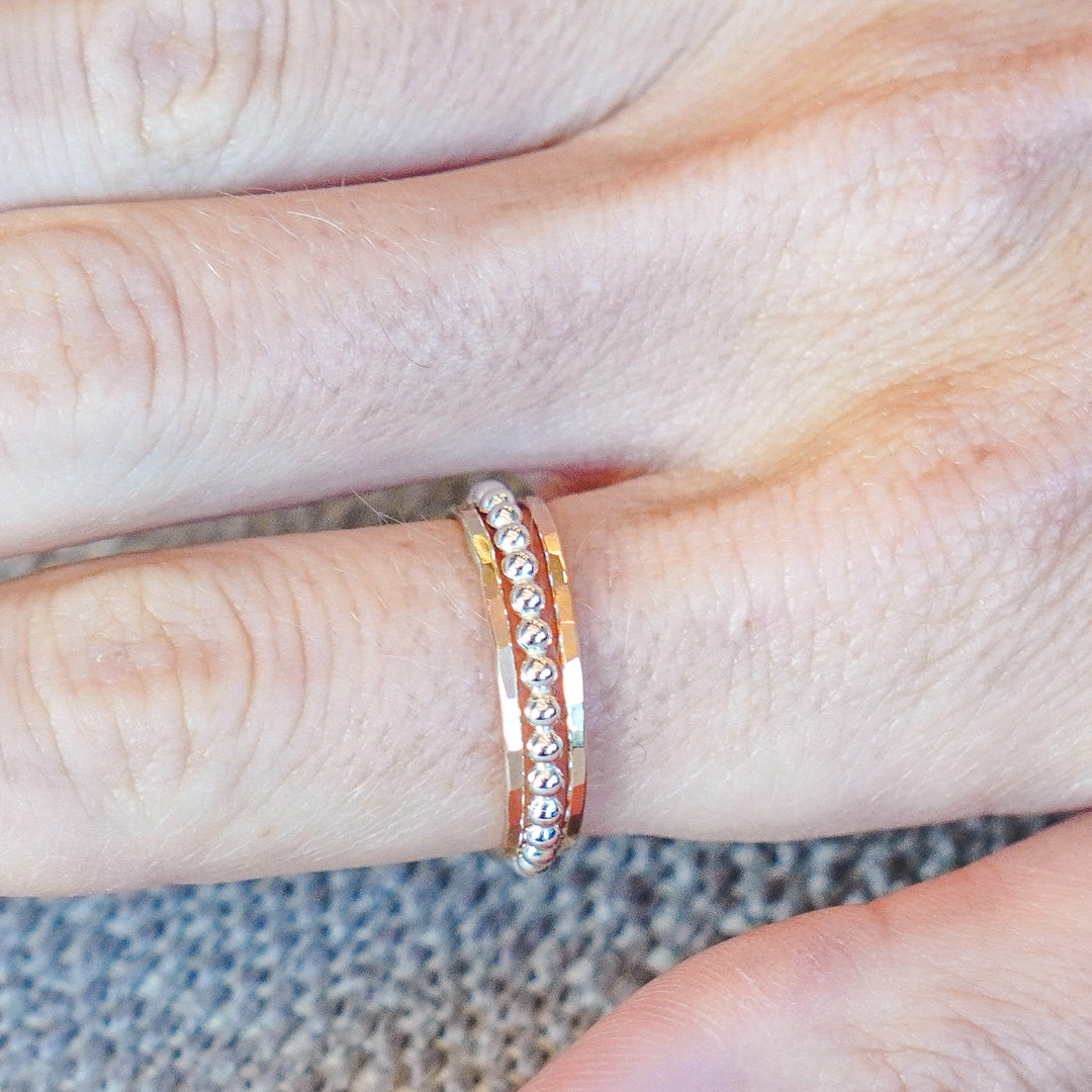 Stacking ring set hammered gold filled rings and beaded silver ring