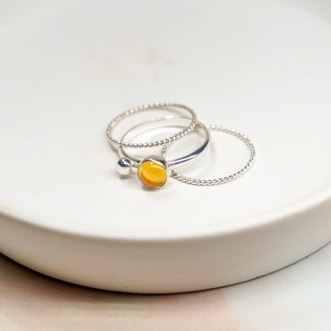 Gemstone stacking ring set with two twisted rings in sterling silver