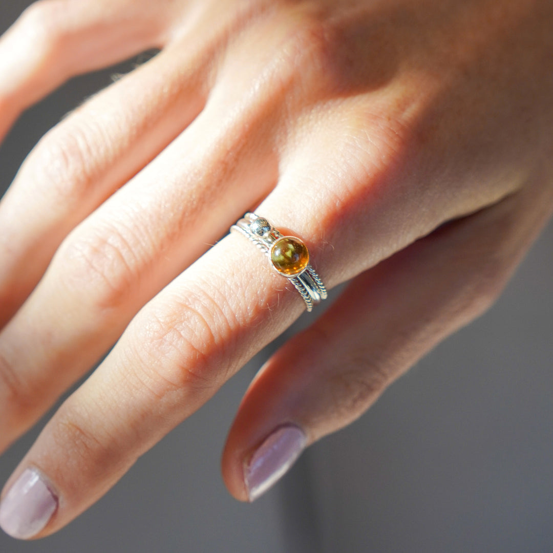 Gemstone stacking ring set with two twisted rings in sterling silver