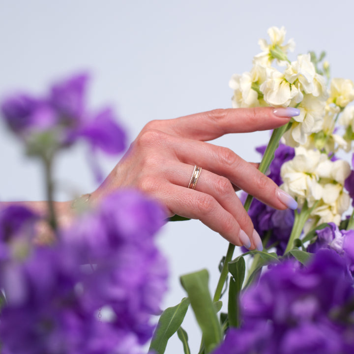 Dainty thin hammered stacking rings in sterling silver or 14k gold filled by Blossom and Shine