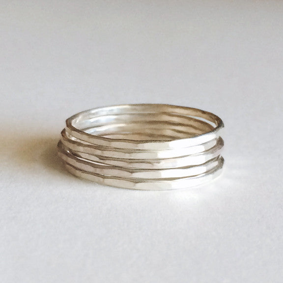 Dainty thin hammered stacking rings in sterling silver or 14k gold filled by Blossom and Shine