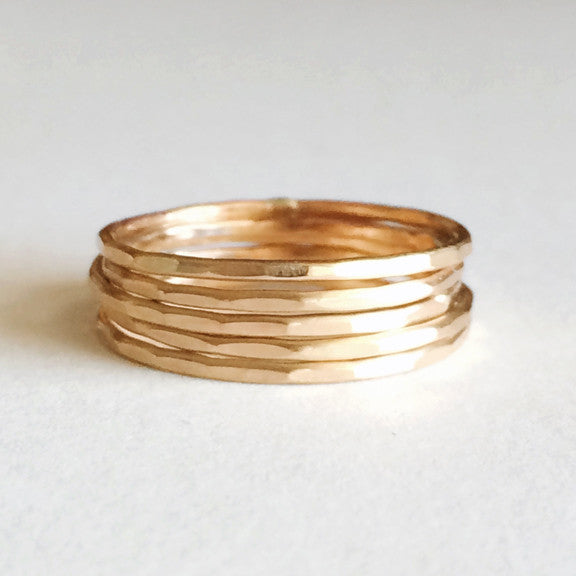 Dainty thin hammered stacking rings in sterling silver or 14k gold filled by Blossom and Shine