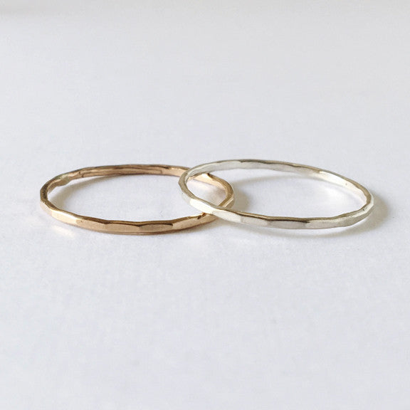 Dainty thin hammered stacking rings in sterling silver or 14k gold filled by Blossom and Shine