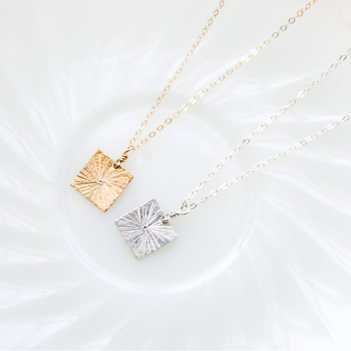 Star burst square necklace in sterling silver or 14k gold filled by Blossom and Shine