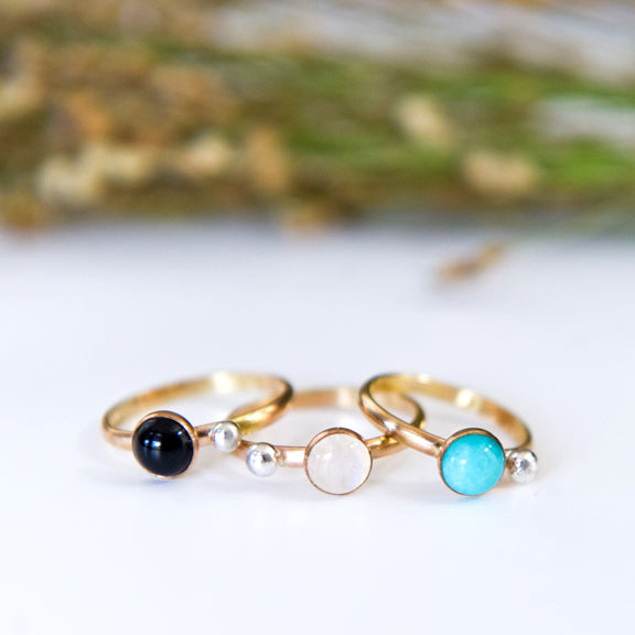 Stone dot ring in 14k gold filled with onyx turquoise rainbow moostone amethyst citrine amazonite by Blossom and Shine