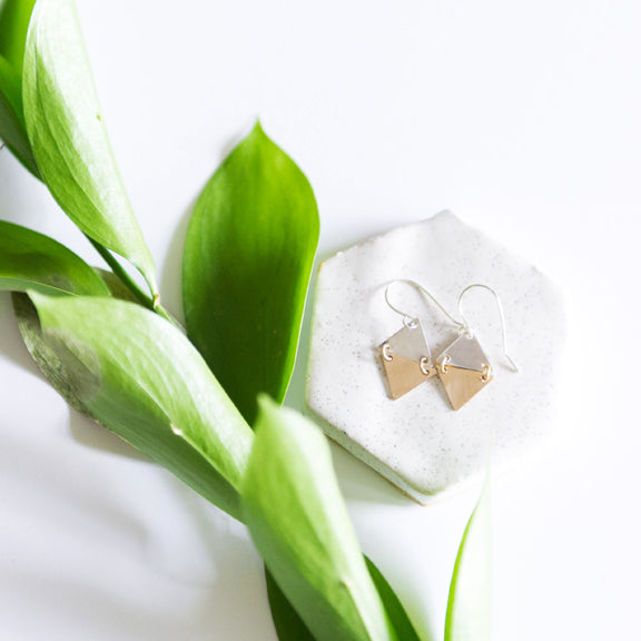  Mixed metal tiny triangle earrings in sterling silver and 14k gold filled by Blossom and Shine