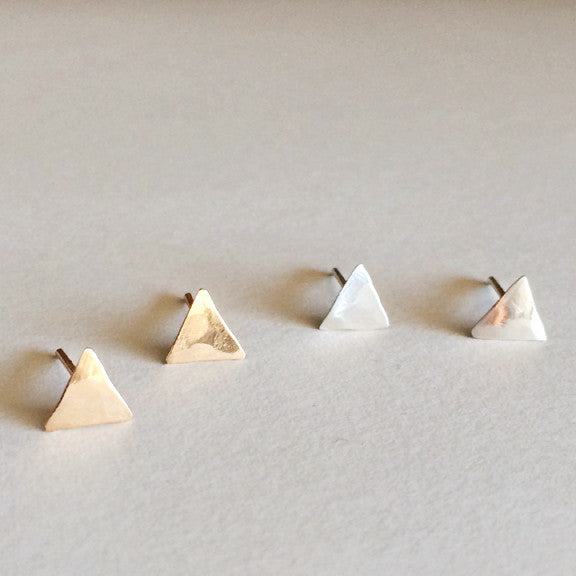 Dainty hammered triangle geometric stud earrings in sterling silver or 14k gold filled by Blossom and Shine