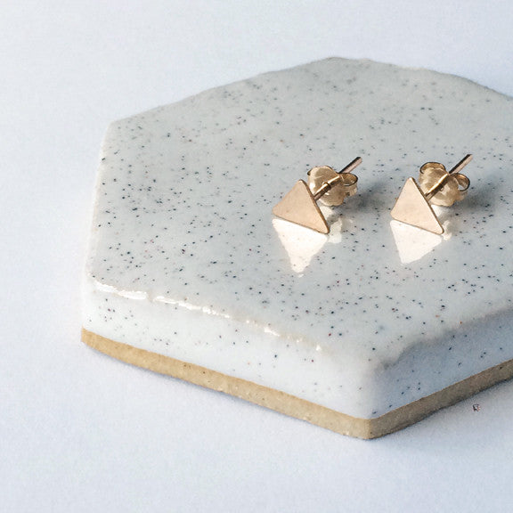 Dainty hammered triangle geometric stud earrings in sterling silver or 14k gold filled by Blossom and Shine